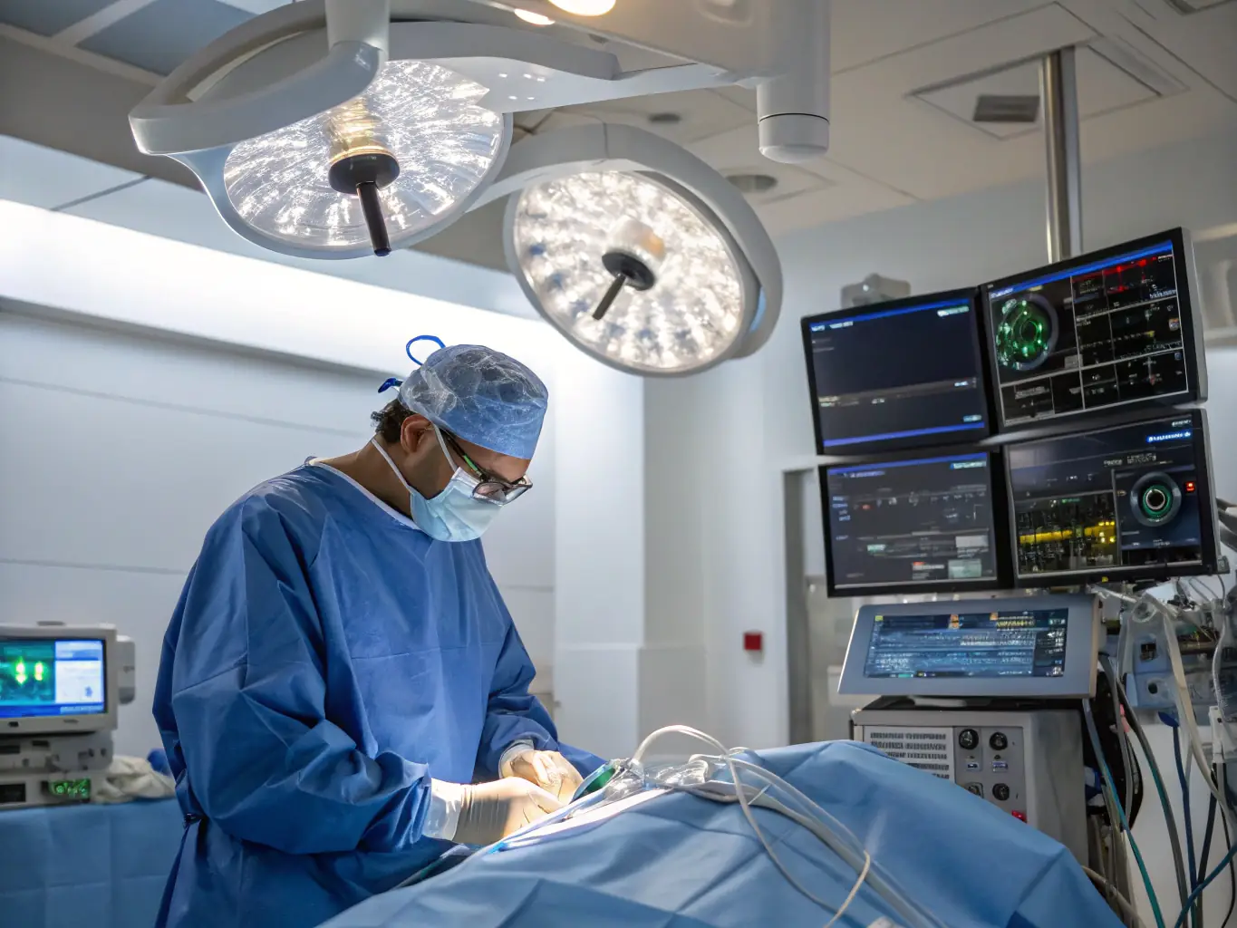 An image of a modern operating room with a spine surgeon performing a minimally invasive procedure using advanced imaging technology, showcasing the precision and expertise of Miami Medical Concierge.