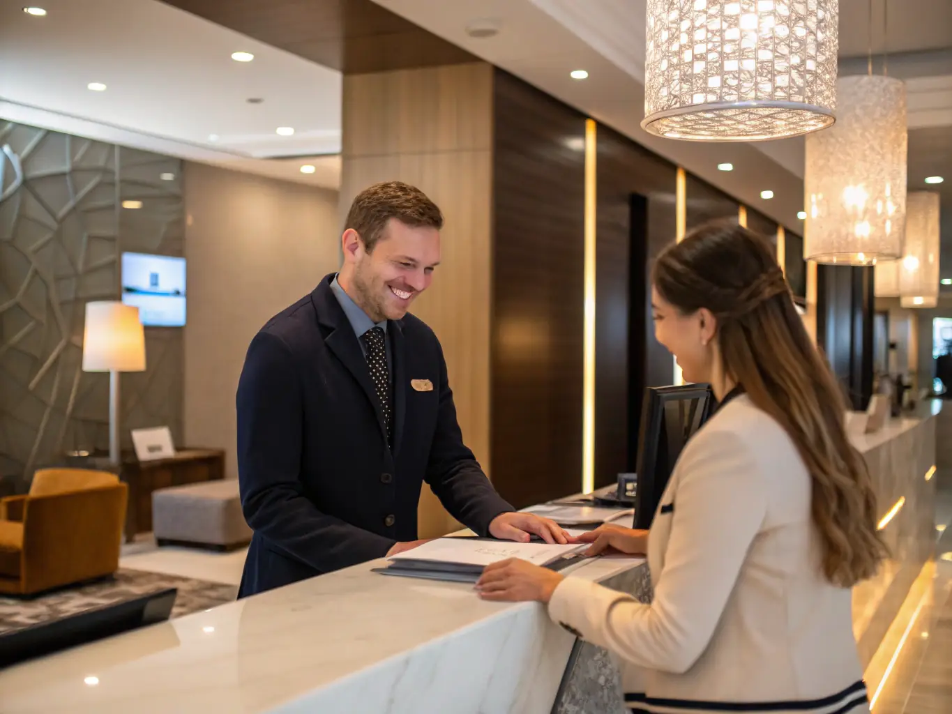 A friendly concierge assisting a patient with their luggage in the lobby of a luxury Miami hotel, representing the personalized and attentive service provided by Miami Medical Concierge.