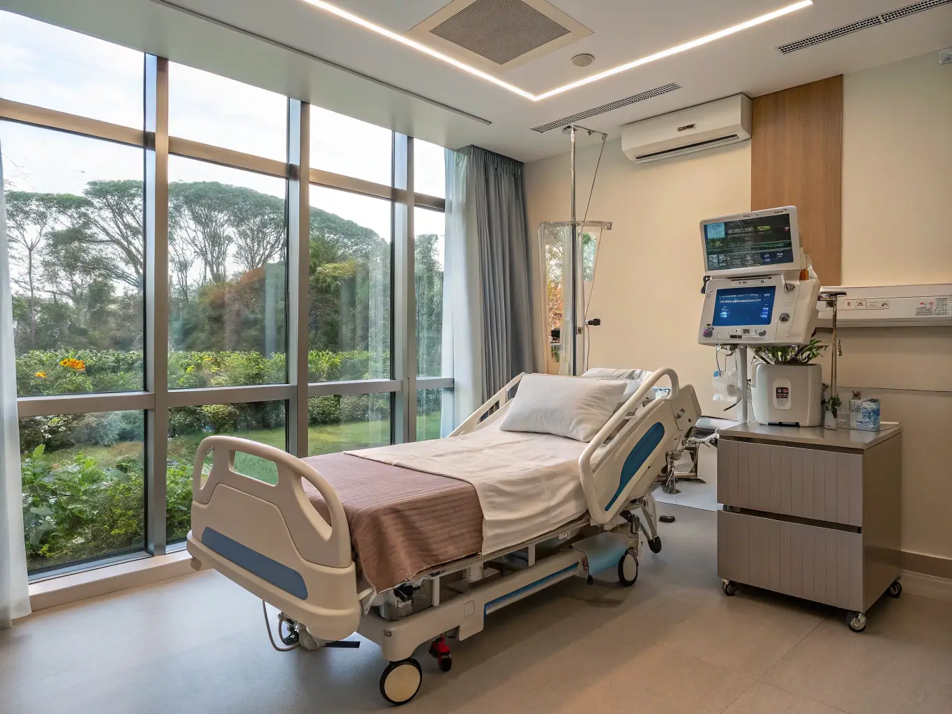 A cozy private patient room with a view of Miami, featuring comfortable furnishings, personalized amenities, and a dedicated support staff, illustrating the comfort and convenience provided by Miami Medical Concierge.