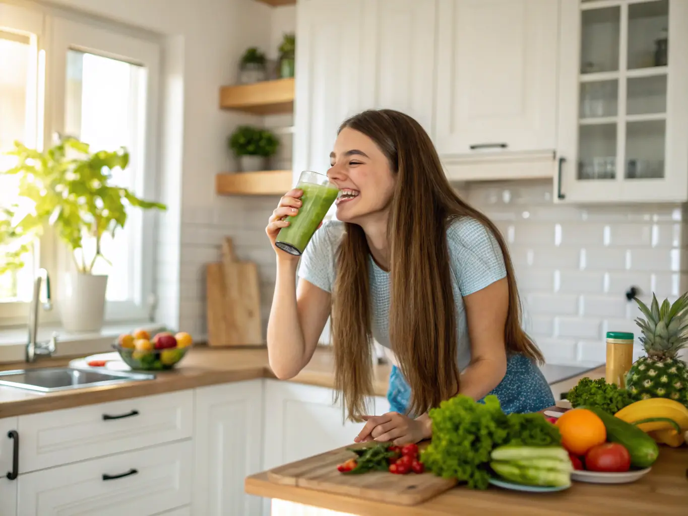 A person looking energetic and healthy, smiling and holding a glass of fresh juice, representing the energy and immunity-boosting benefits of IV therapy.