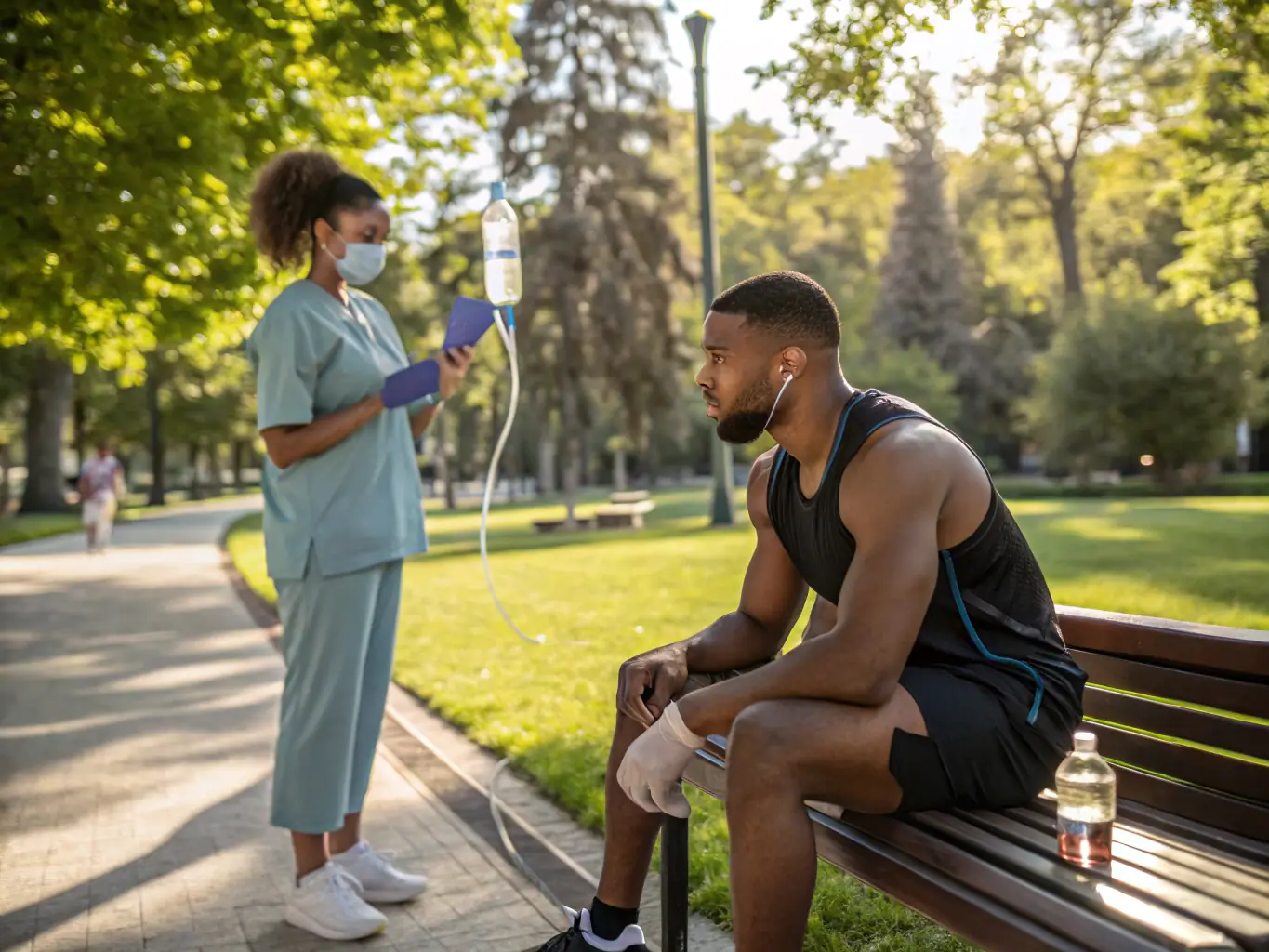 An athlete receiving an IV drip after a workout, highlighting the benefits of IV therapy for enhanced athletic performance and recovery.