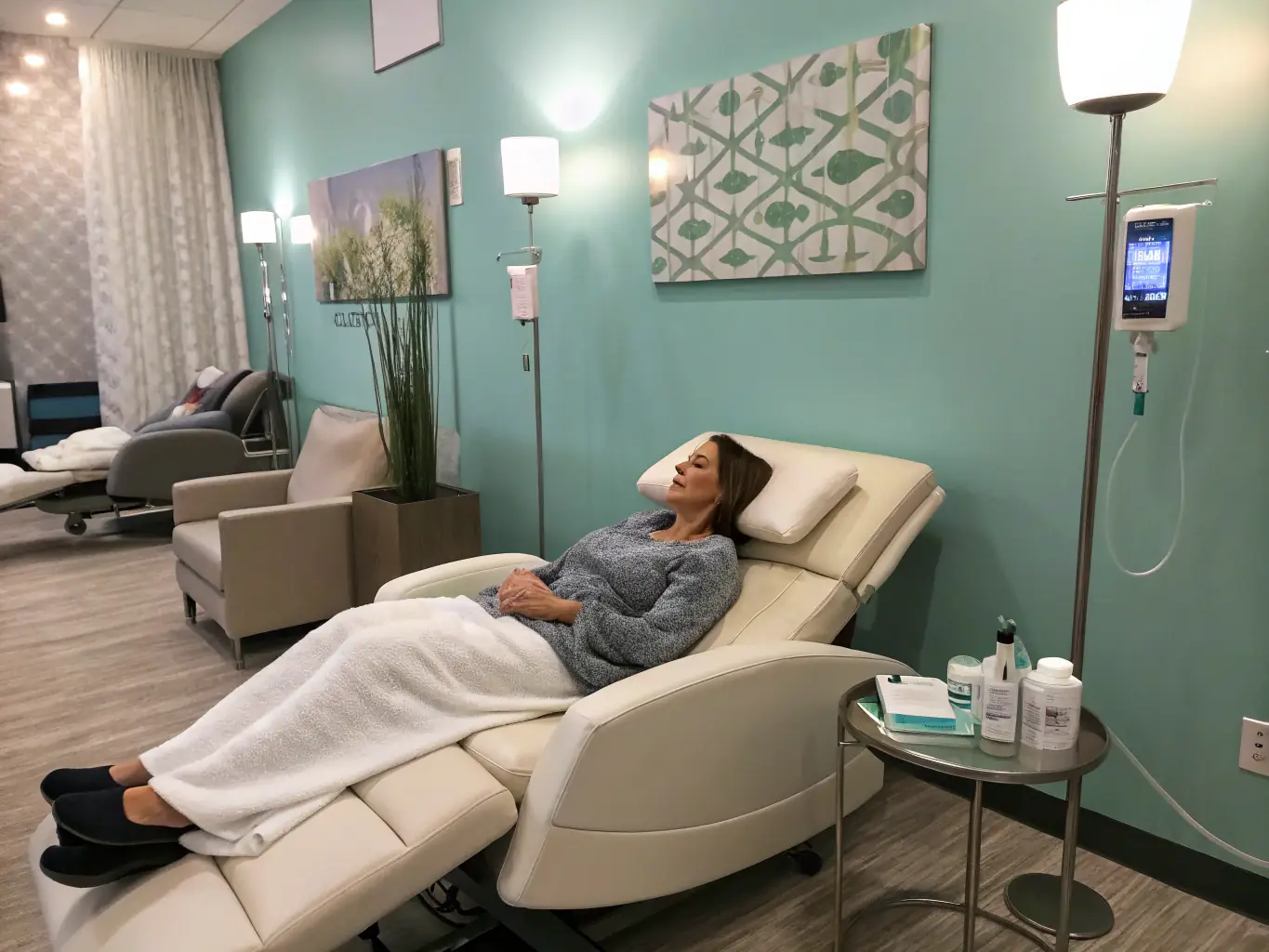 A serene image of a patient receiving IV therapy in a comfortable, spa-like setting, emphasizing relaxation and personalized care. The patient is smiling, indicating a positive and calming experience during the treatment at Miami Medical Concierge.