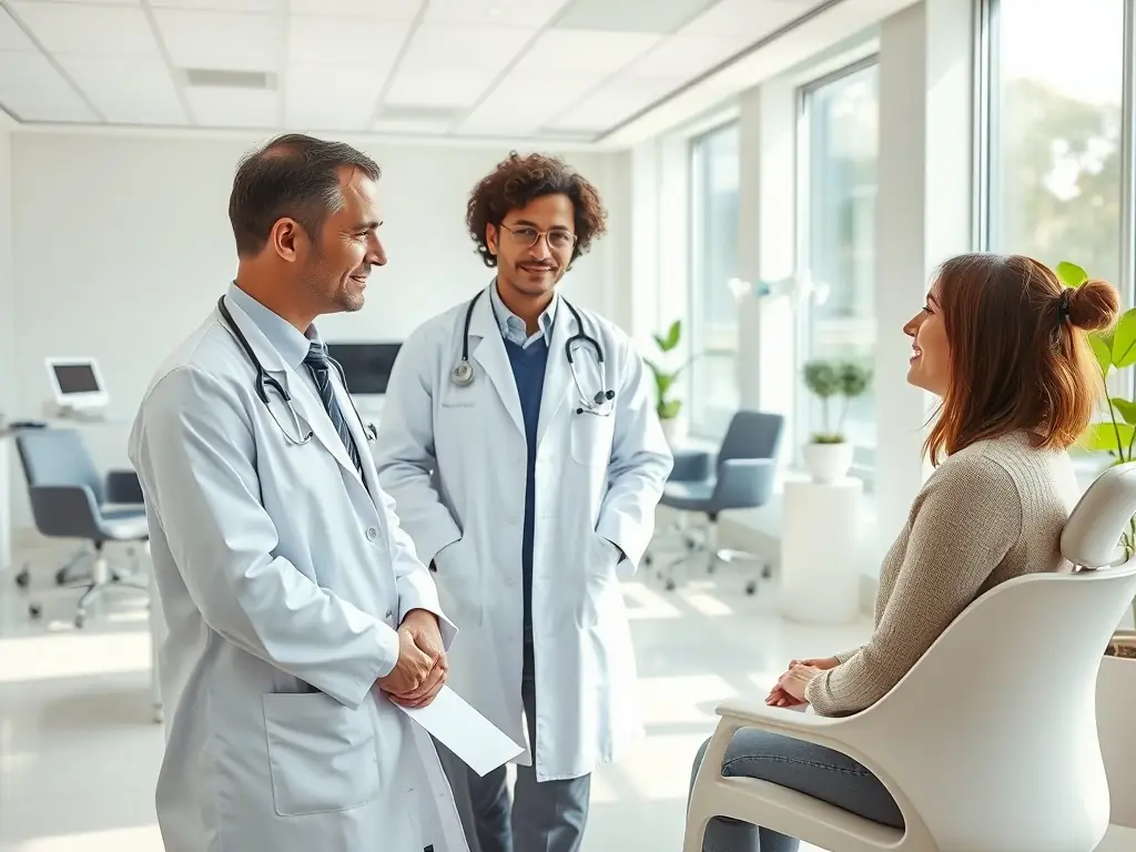 A serene image of a doctor in a white coat, sitting at a desk in a well-lit office, reviewing medical records with a patient, both smiling reassuringly, symbolizing a personalized medical consultation at Miami Medical Concierge.