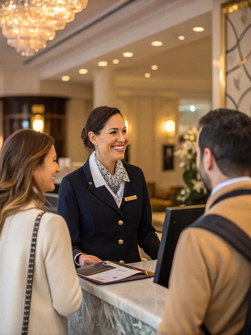 A friendly concierge assisting a patient with their luggage in the lobby of a luxury Miami hotel, showcasing the seamless and stress-free experience provided by Miami Medical Concierge.