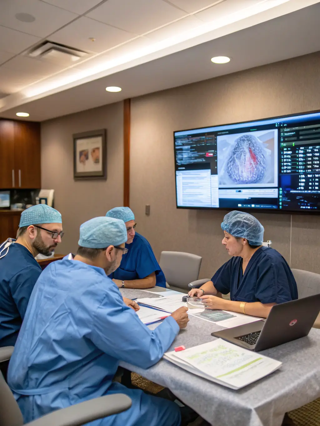 A diverse team of spine surgeons in a meeting, reviewing patient cases and discussing treatment strategies, emphasizing collaborative expertise.
