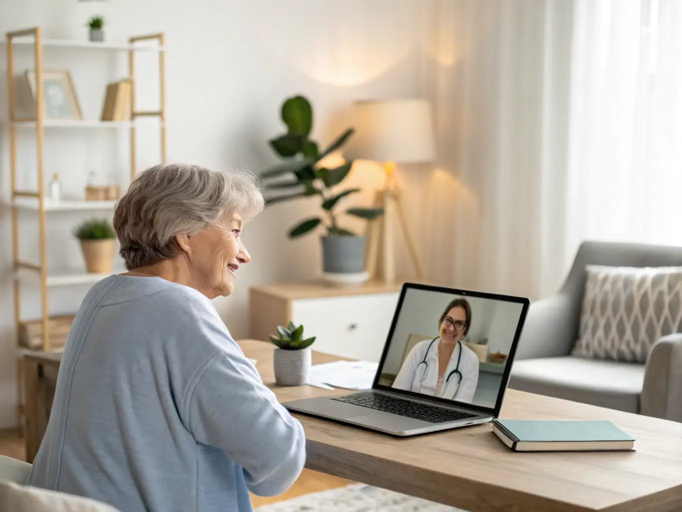 A comforting image of a patient engaged in a virtual consultation with a surgeon, discussing surgical options and recovery expectations, representing the convenience of remote consultations offered by Miami Medical Concierge.