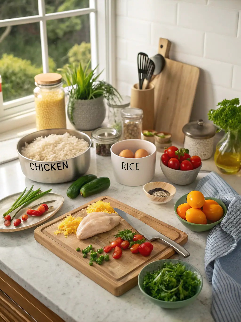A gourmet meal being prepared by a personal chef in a modern kitchen, with fresh, colorful ingredients, emphasizing the personalized patient care and accommodation services of Miami Medical Concierge.