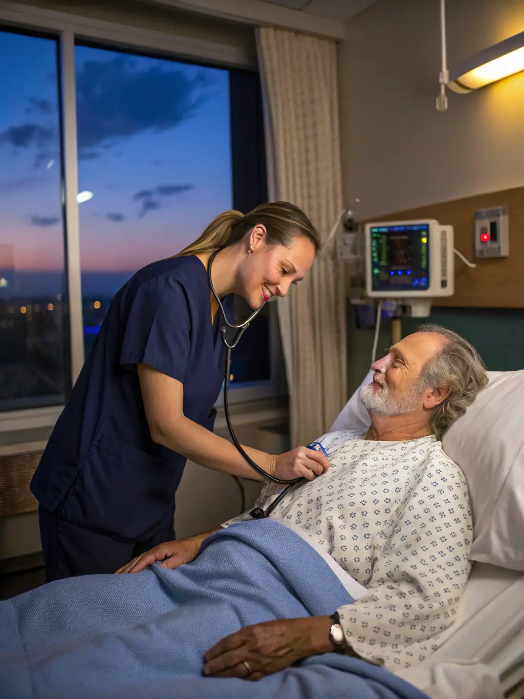 A serene image of a patient in a comfortable recovery room, post-spine surgery, smiling gently while a nurse adjusts their pillow, showcasing the personalized care provided by Miami Medical Concierge.