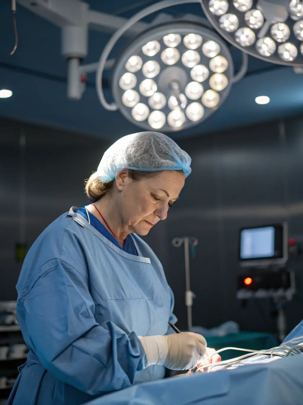 A surgeon in scrubs, holding an x-ray of a spine, smiling confidently, in a modern operating room setting, representing expertise in spinal diagnostics.