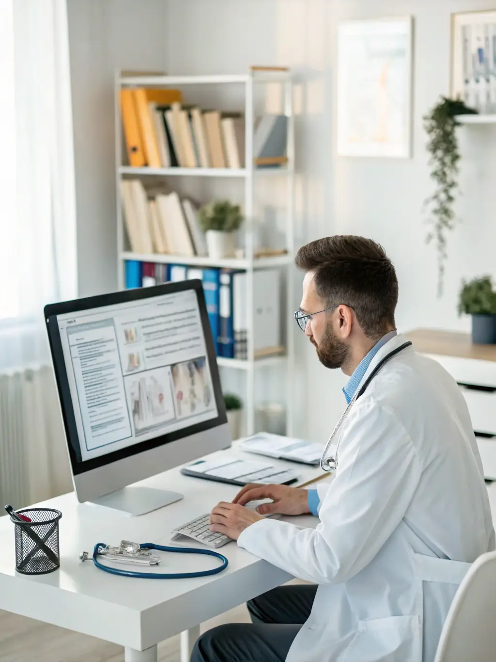 A doctor in a white coat reviewing an MRI scan of a patient's spine, with a concerned yet reassuring expression, in a brightly lit consultation room at Miami Medical Concierge.